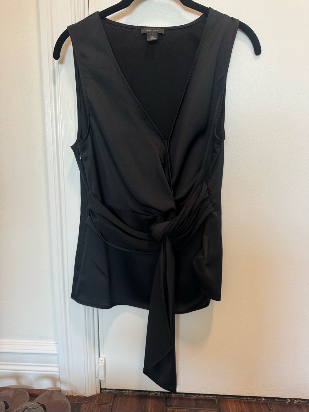 HALOGEN Nordstrom Black Satin Faux Wrap Sleeveless Tie-Waist Blouse Top